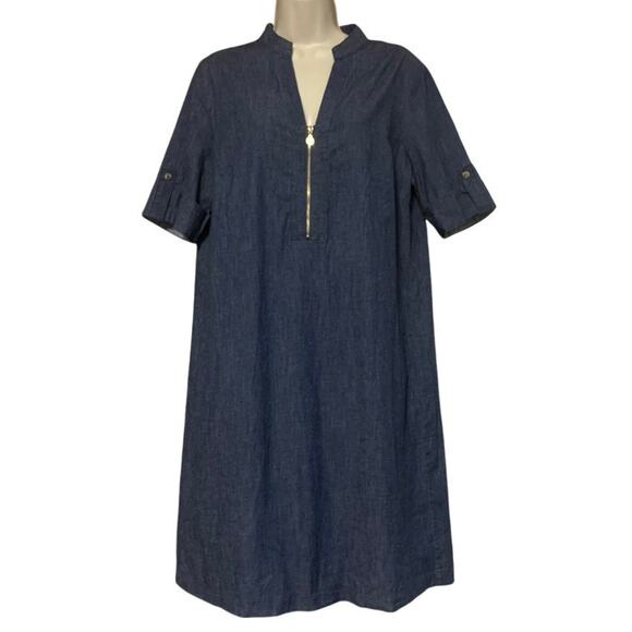Anne Klein Dress Womens Size 12 Blue Denim Chambray Shift Tab Sleeve 1/4 Zip - Picture 1 of 8